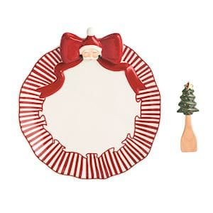 Red and white striped Santa bow ceramic cookie plate with mini Christmas tree spreader