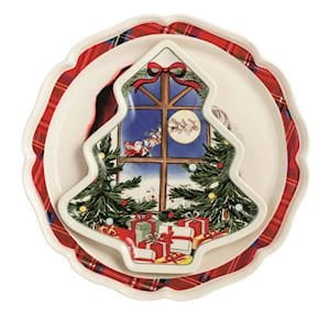 Two-piece holiday platter set with Christmas tree shape and red plaid border