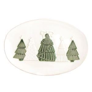 White ceramic oval platter with embossed sage green Christmas tree design holiday serving dish