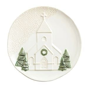 White ceramic platter with embossed Christmas church, lace texture, and green trees
