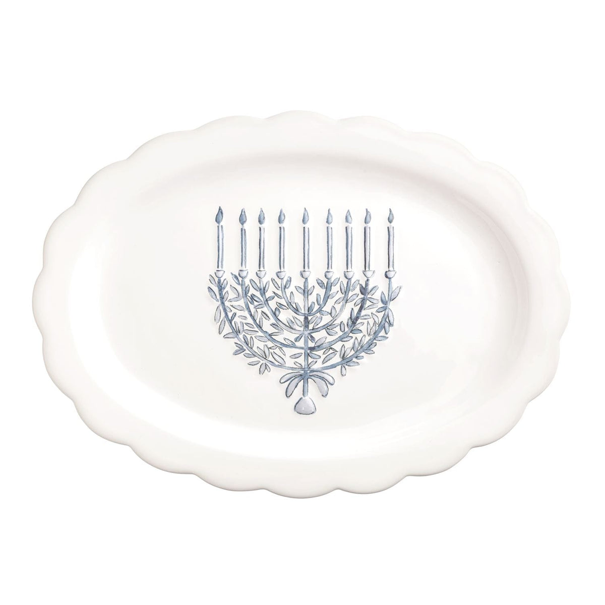 White oval scalloped ceramic platter with blue watercolor menorah illustration