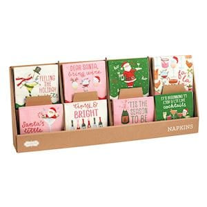 Eight holiday cocktail bar napkin sets in pink and green with festive Christmas designs