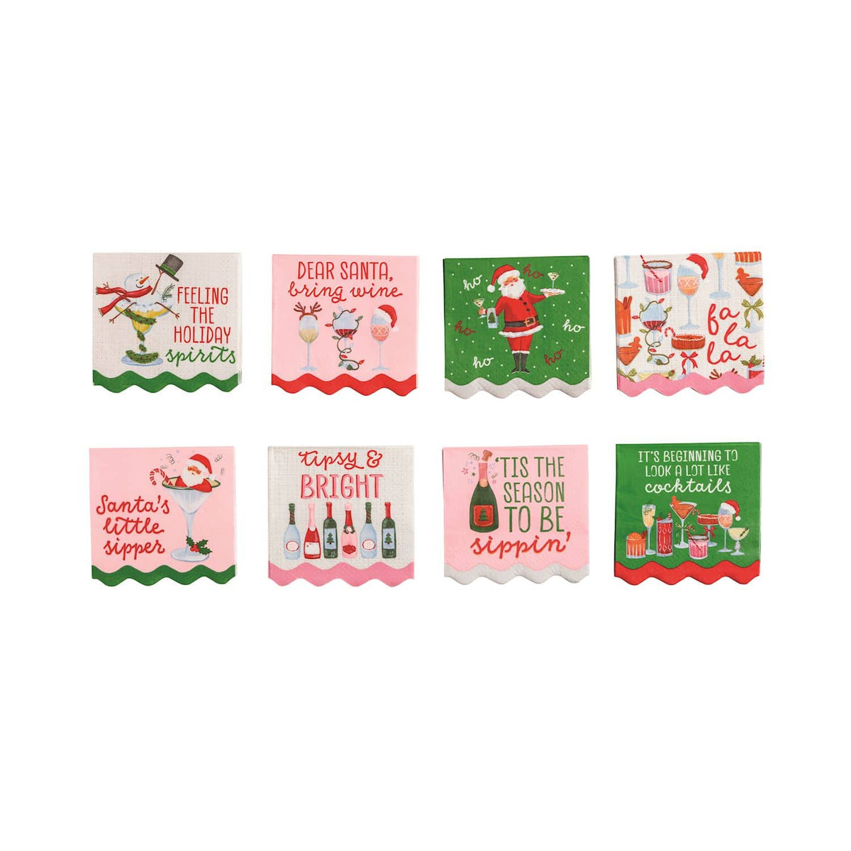 Eight festive holiday cocktail paper napkins with humorous Christmas drinking phrases and illustrations