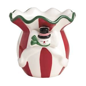 Mudpie ceramic snowman bow pillar candle holder, red white striped, ruffled top