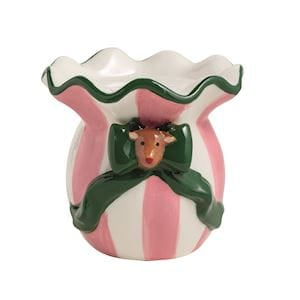 Ceramic pink striped pillar holder with green bow and reindeer face detail