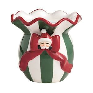 Ceramic Christmas pillar holder with green stripes, red bow, and Santa face accent