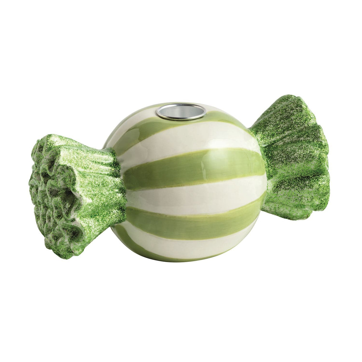 Green and white striped ceramic candy-shaped taper candle holder with glitter ends