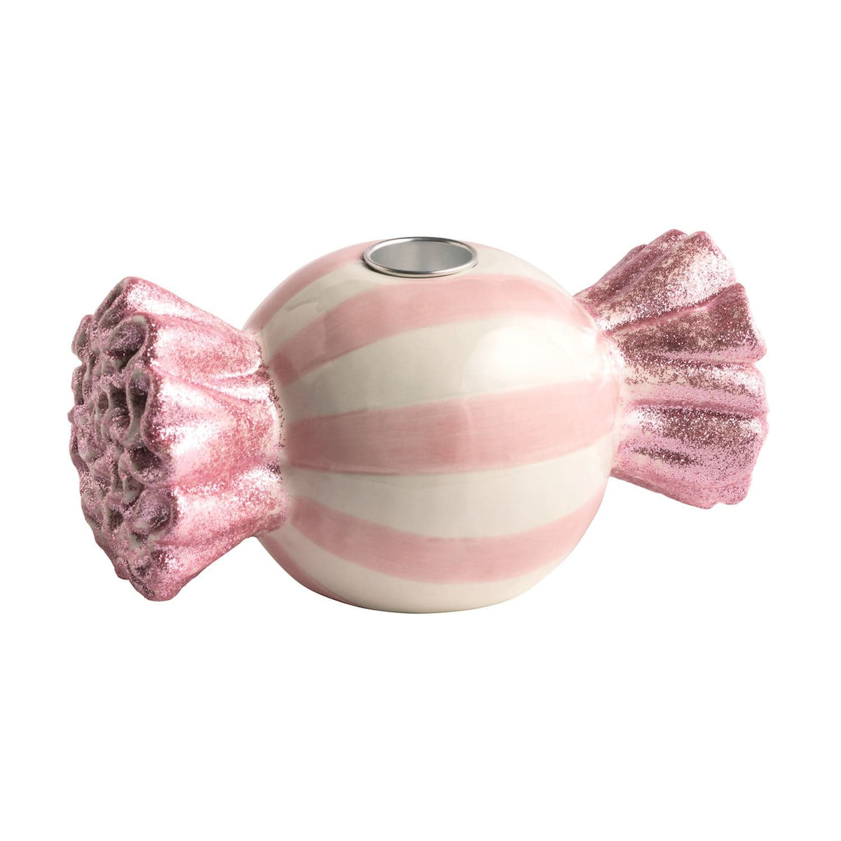 Pink striped ceramic candy-shaped taper candle holder with glittery twisted ends