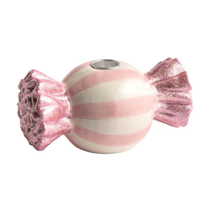 Pink striped ceramic candy-shaped taper candle holder with glittery twisted ends