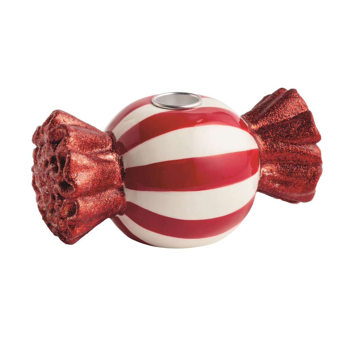 Red and white striped ceramic candy-shaped taper candle holder with glitter ends