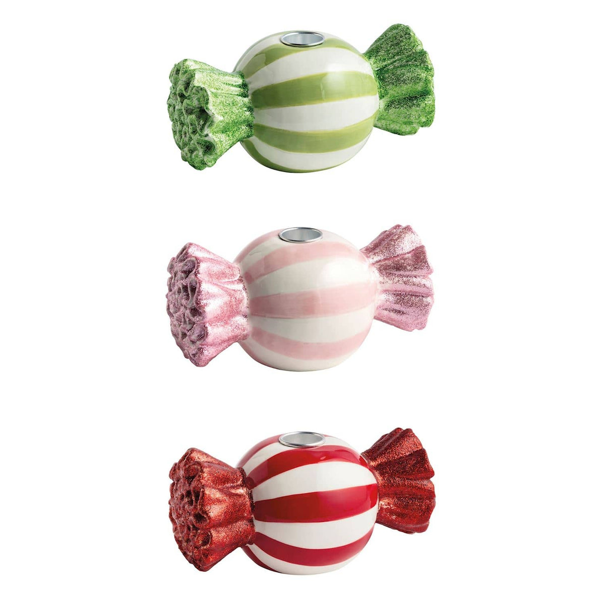 Ceramic candy-shaped taper holders in red, pink, and green stripes with glitter wrapper ends