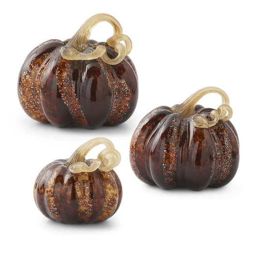 Set of three brown speckled handblown glass pumpkins with amber glitter and curled stems