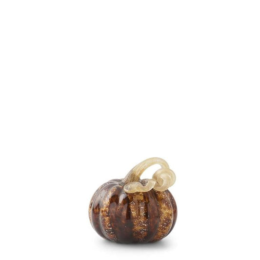 Small handblown glass pumpkin in brown and gold speckled finish with curled stem