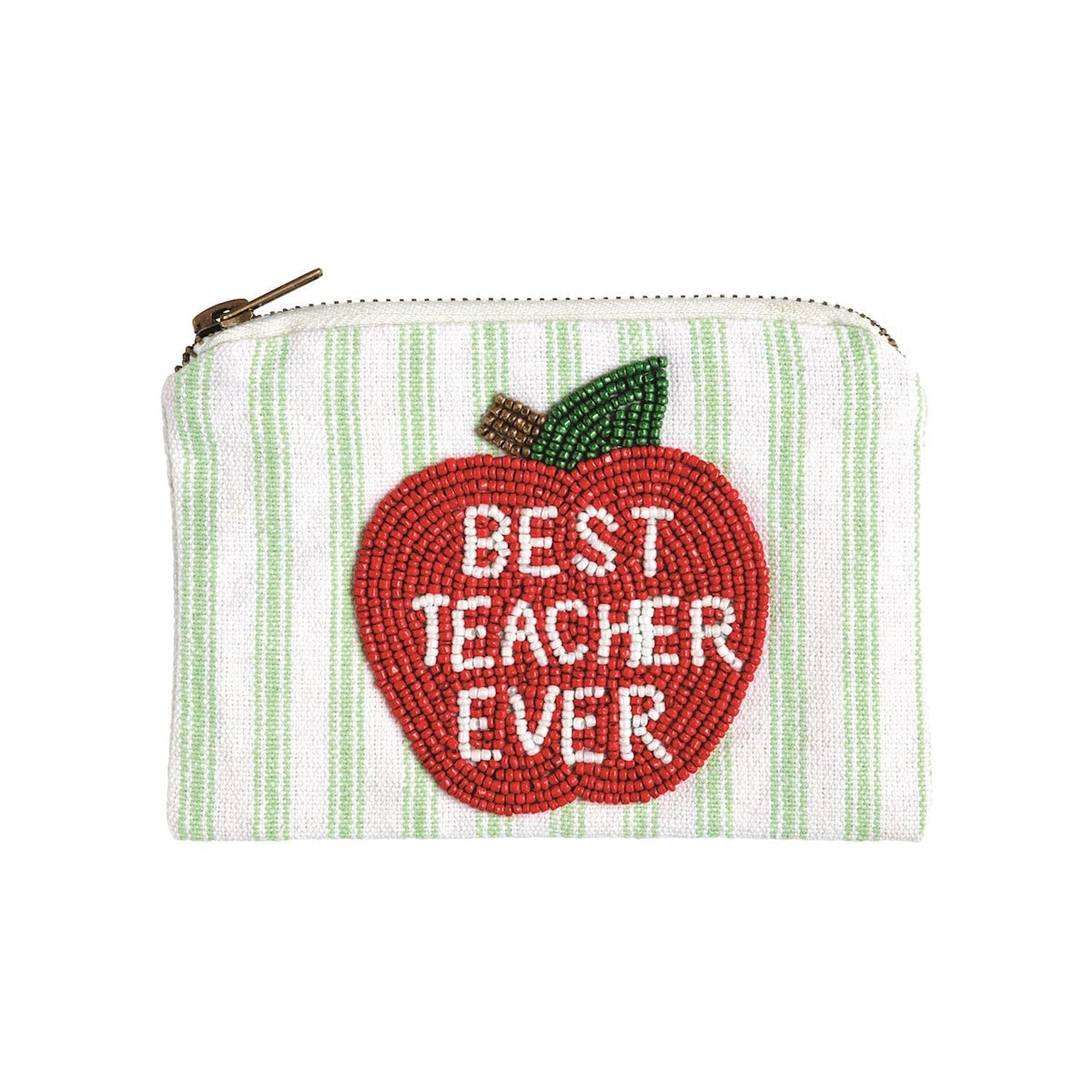 Small zippered pouch with green stripes and beaded red apple reading 'Best Teacher Ever'
