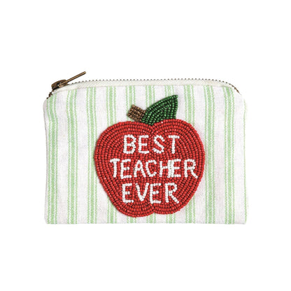 Small zippered pouch with green stripes and beaded red apple reading 'Best Teacher Ever'