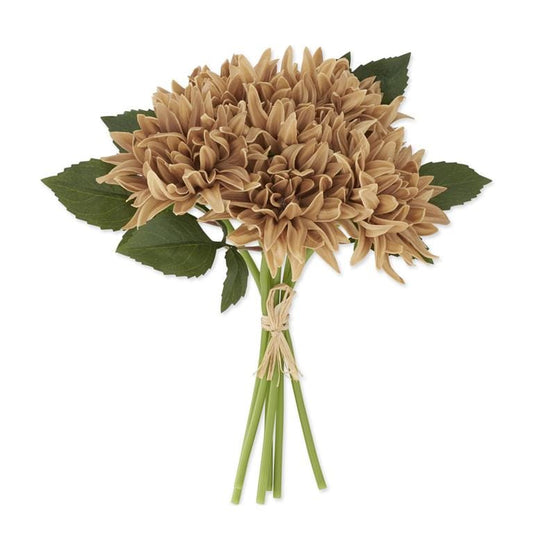 Bundle of six tan real touch dahlia stems tied with twine, green leaves visible