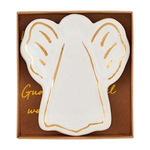 White ceramic angel-shaped tidbit dish with gold accent wings in gift box