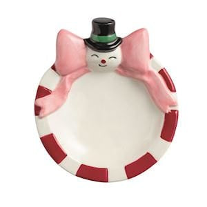 Ceramic snowman trinket dish with pink bow and red striped rim holiday decor