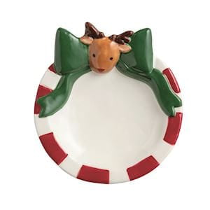 Mudpie ceramic trinket dish with reindeer head, green bow, red and white stripes