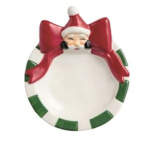 Mudpie ceramic trinket dish with Santa face, red bow, and green striped rim