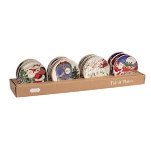 Set of four round ceramic Santa scene tidbit plates in festive holiday designs