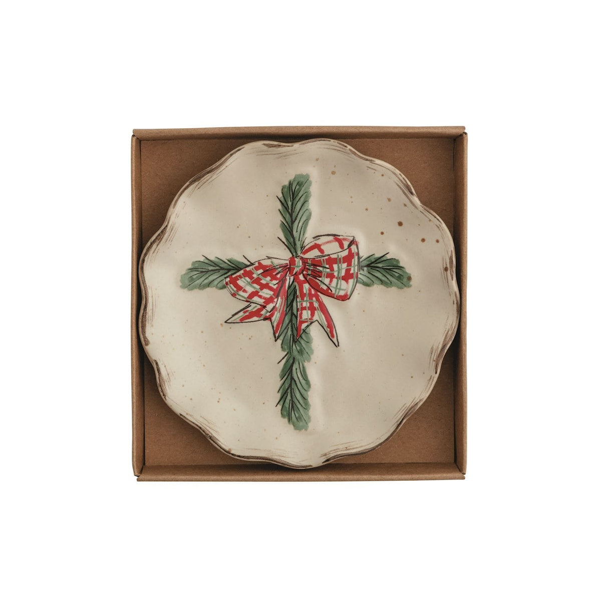 Cream ceramic tidbit plate with pine branch and red plaid bow design in kraft gift box