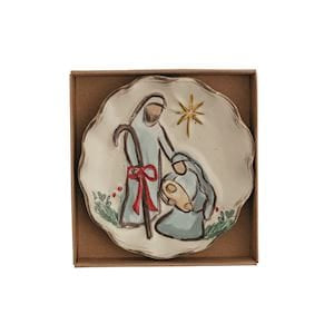 Ceramic tidbit plate with nativity scene in gift box, cream finish with star
