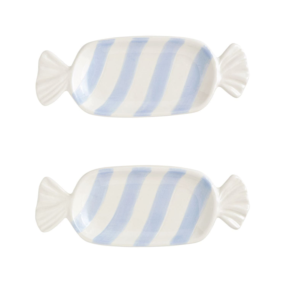 Set of two white ceramic candy-shaped tidbit plates with blue diagonal stripes