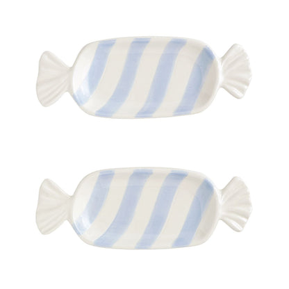 Set of two white ceramic candy-shaped tidbit plates with blue diagonal stripes