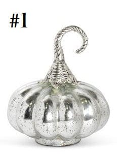 K&K mercury glass pumpkin with twisted silver metal stem, silver finish