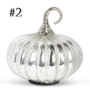 K&K mercury glass pumpkin with silver metal curled stem, ribbed design