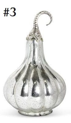 K&K mercury glass pumpkin with twisted silver metal stem, ribbed silver finish