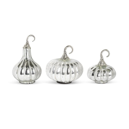 Set of three silver mercury glass pumpkins with twisted metal stems, varying sizes
