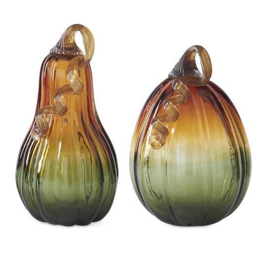 Two handblown glass gourds in amber and green ombre with twisted vine stems