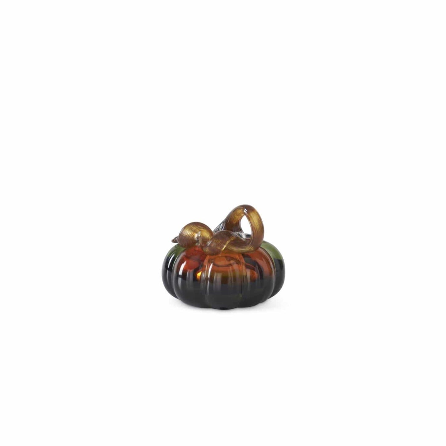 Handblown glass pumpkin in green and amber with decorative twisted stem, 3-inch size