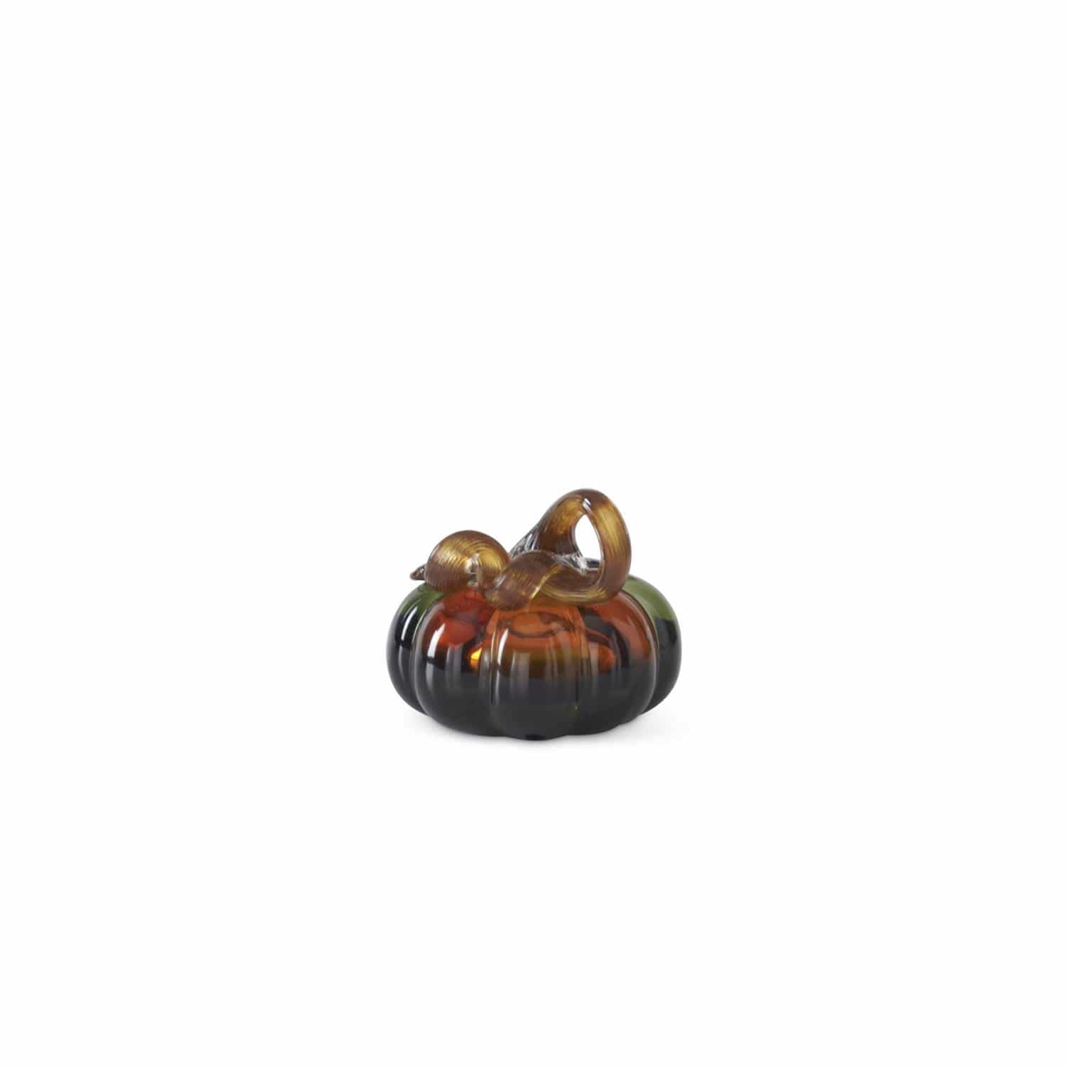 Handblown glass pumpkin in green and amber with decorative twisted stem, 3-inch size