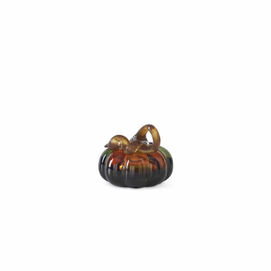 Handblown glass pumpkin in green and amber with decorative twisted stem, 3-inch size