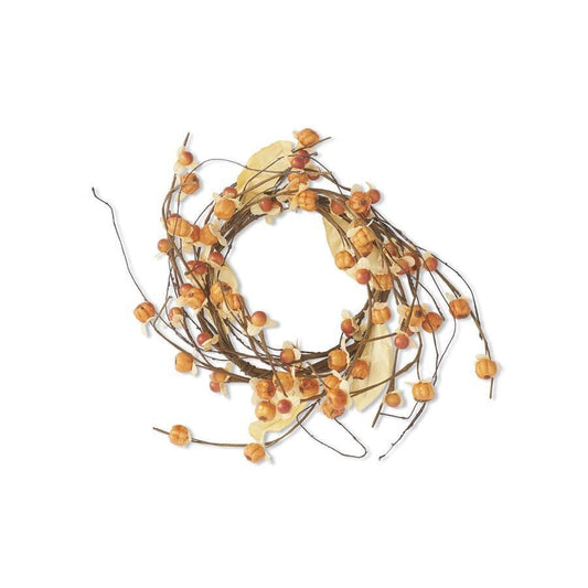 Orange bittersweet berry and mini pumpkin candle ring wreath on twig base