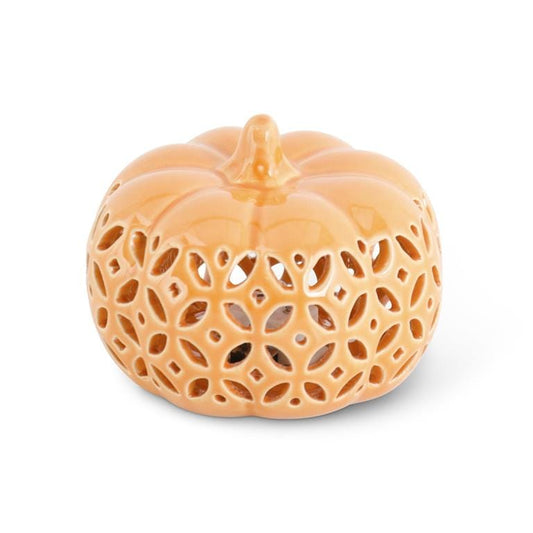 Orange ceramic LED pumpkin with intricate lattice cutout pattern and stem, 3.5 inch