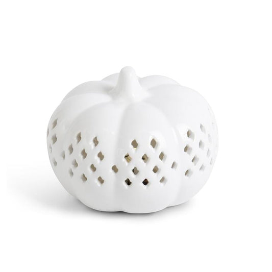 White ceramic pumpkin luminary with diamond cutout lattice pattern and stem