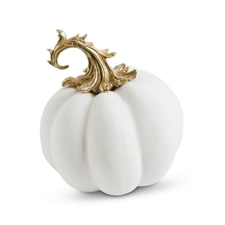 White velvet pumpkin decoration with ornate gold filigree stem, 9.5 inch