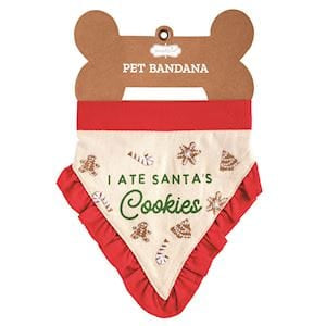 Red and cream pet bandana with 'I Ate Santa's Cookies' text and holiday print