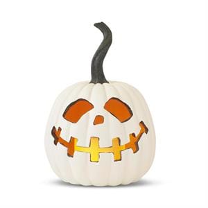 White resin jack o lantern with glowing orange LED flickering flame face