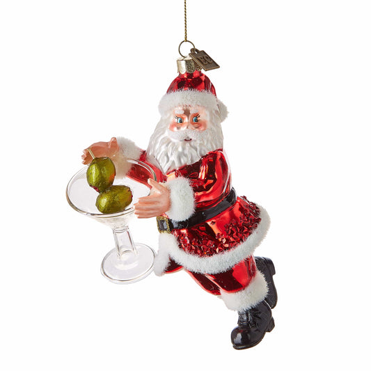 Santa Claus glass ornament holding a large martini glass with olives, hanging ornament