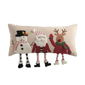 Christmas lumbar pillow with snowman, Santa, and reindeer dangle leg characters on cream background