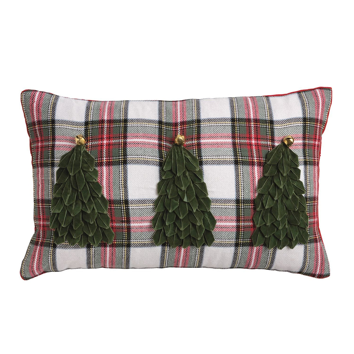 Tartan plaid lumbar pillow with three green velvet loop Christmas trees and gold jingle bells
