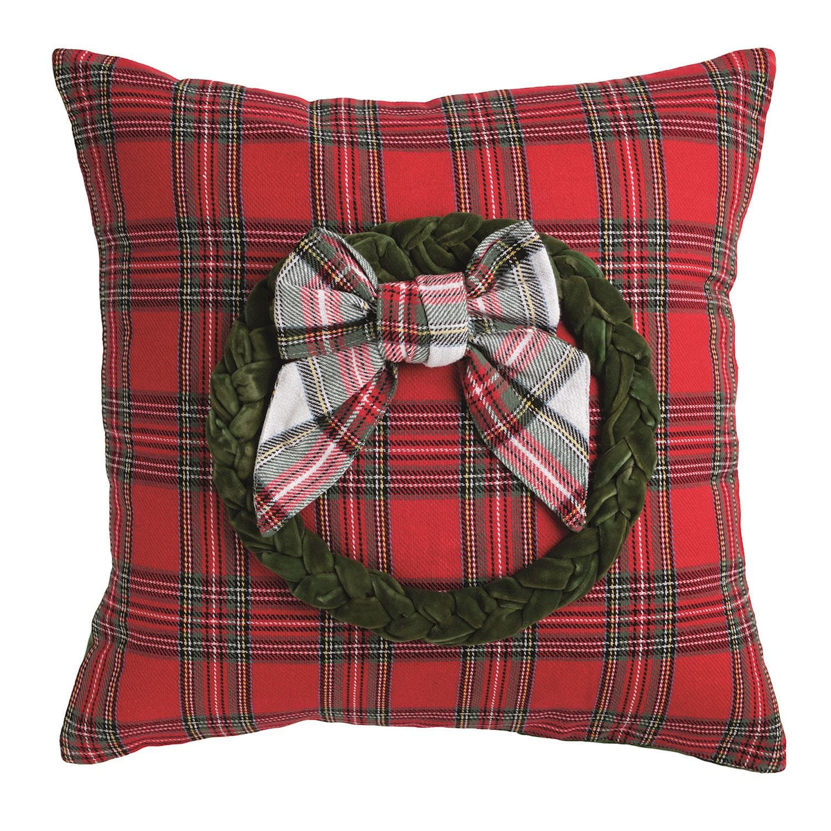 Red tartan plaid square pillow with green velvet wreath and plaid bow accent