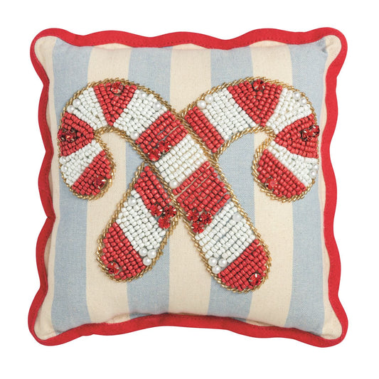 Red and white beaded candy cane Christmas throw pillow with blue stripe fabric