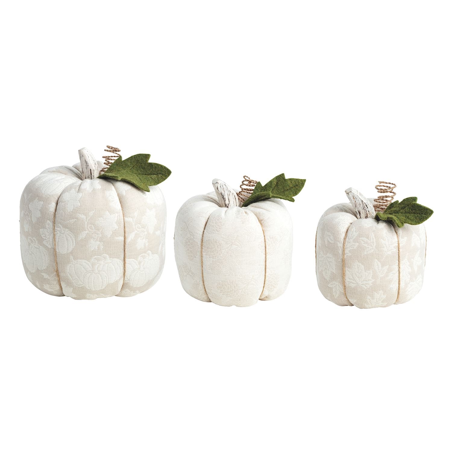 Set of three white jacquard fabric pumpkins with green felt leaves and twine stems