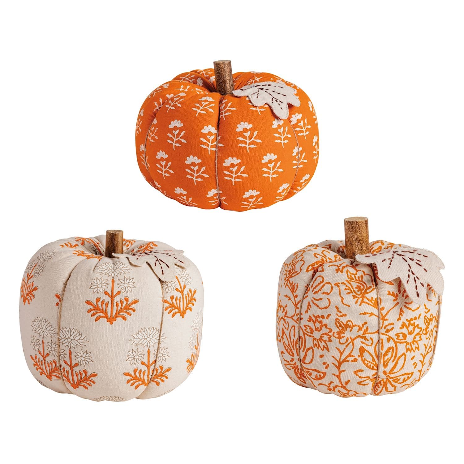 Set of 3 block print fabric stuffed pumpkins in orange and cream floral patterns
